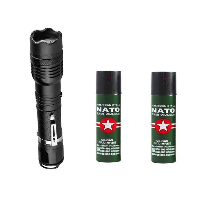 Kit autoaparare format din Lanterna autoaparare cu electrosoc Venom 88 si set 2 Spray-uri Nato 60 ml