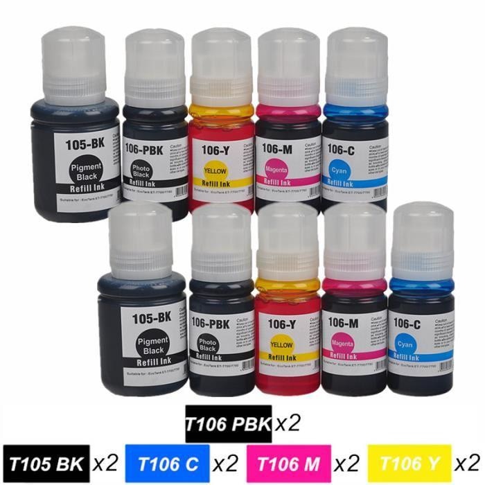 Set 10 Flacon Cerneale Compatibile T105BK/T106MBK/C/M/Y Epson ECOTANK ET-7700 ET-7750/BK 14ML-70ML MBK/COLOR