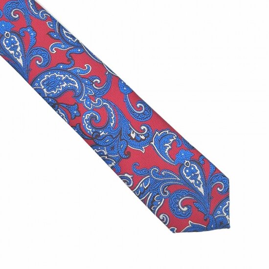 Cravata slim, Onore, microfibra, rosu, imprimeu paisley multicolor