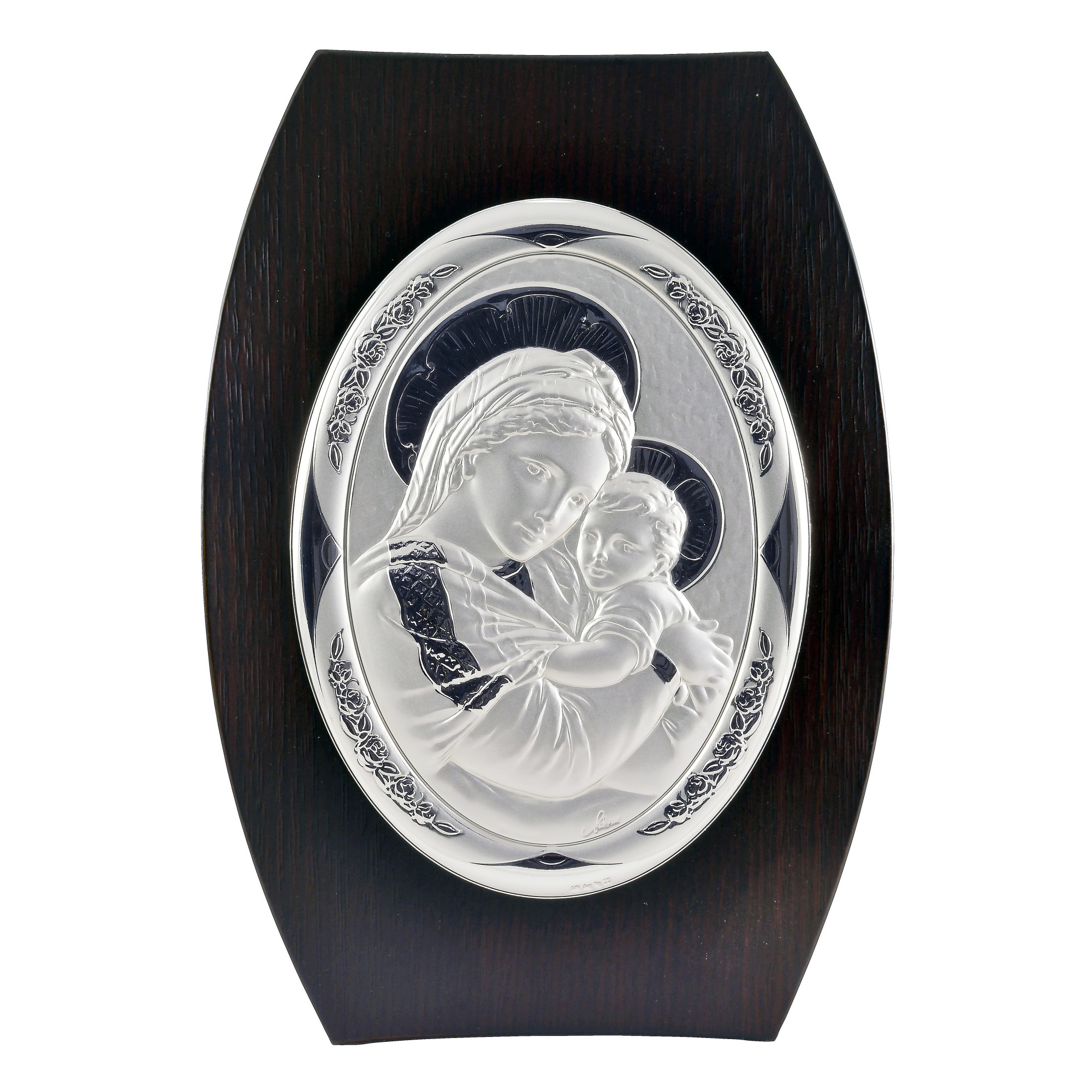 Icoana placata cu argint in lemn de culoare neagra - Fecioara cu pruncul - Oval, 16x12 cm, 1/2