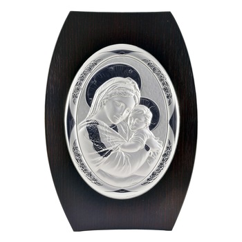 Icoana placata cu argint in lemn de culoare neagra - Fecioara cu pruncul - Oval, 16x12 cm, 1/2 Icoana placata cu argint in lemn de culoare neagra - Fecioara cu pruncul - Oval, 16x12 cm, 1/2