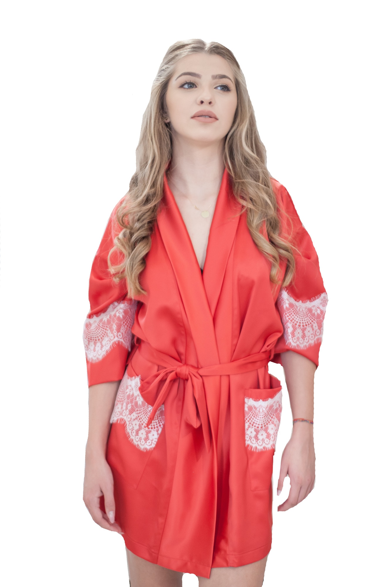 Halat dama, rosu din tafta soft, accesorizat dantela Chantilly, Rosu