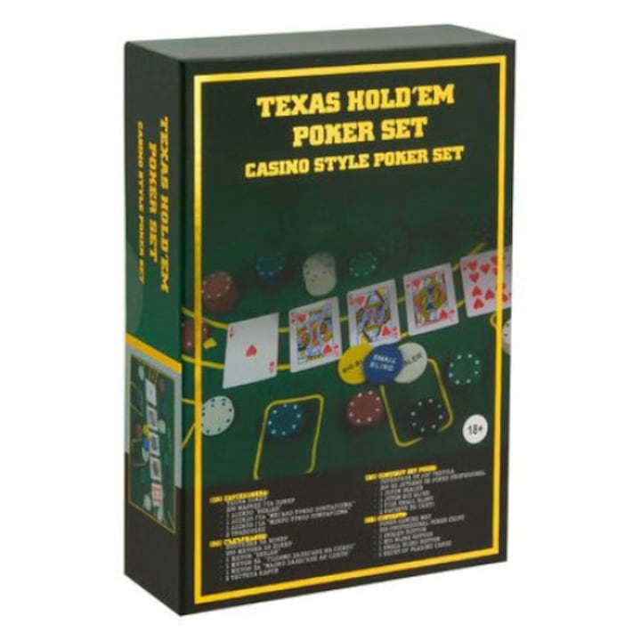 Комплект за покер iMK Texas Hold'em със специална повърхност за игра, 3 специални чипа, 2 тестета карти и включени 200 чипа