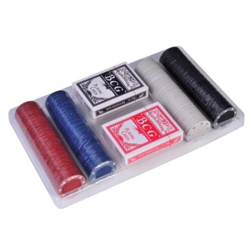 Set iMK Poker, 2 pachete de carti de joc, 200 de jetoane +case din plastic