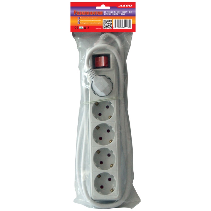 Разклонител ASED, 5 гнезда,1.5м кабел, светлинен ключ, 1.0мм2