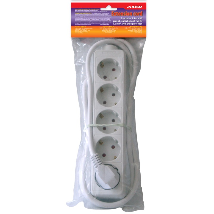 Разклонител ASED, 5 гнезда, 1.5м кабел, 1.0мм2