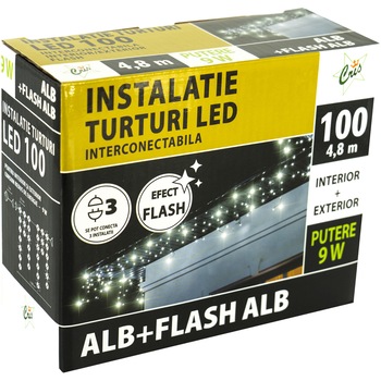 Instalatie de Craciun Cris, 100LED-uri, tip turturi, Interconectabila, Flash, 4.8m + 5m, exterior, alb rece Instalatie de Craciun Cris, 100LED-uri, tip turturi, Interconectabila, Flash, 4.8m + 5m, exterior, alb rece