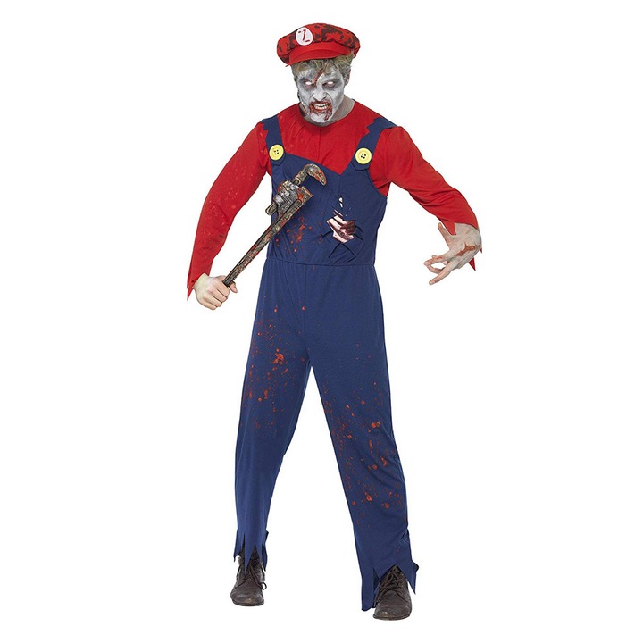 Costum de instalator Zombie, Smiffy, Pentru barbati, Rosu/Albastru, M