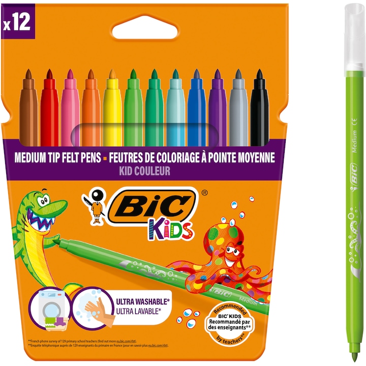 Carioci BIC Kids Kid Couleur, ultralavabile, diverse culori, 12 buc/set