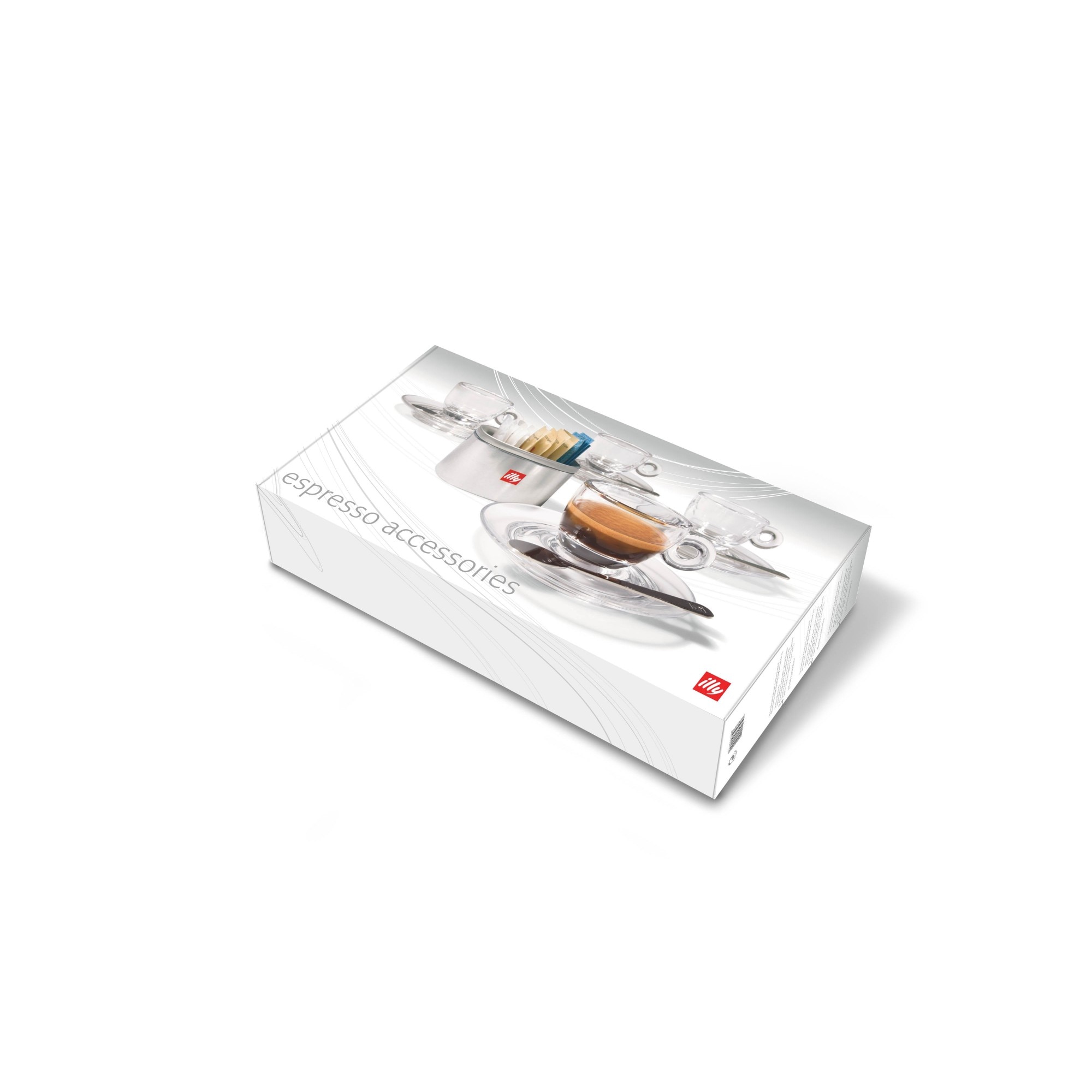 Kit Welcome accesorii espresso (4 cesti de cristal, 4 lingurite Ombra, suport mic zahar), illy