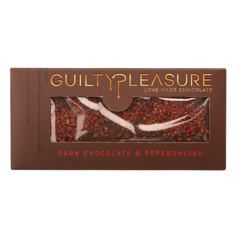 Tableta Ciocolata neagra & piper rosu, Guilty Pleasure, contine ciocolata neagra (54,5% masa e cacao) si bucati de piper rosu, 100 gr, 1 buc