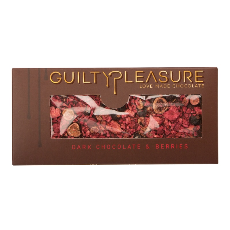 Tableta Ciocolata neagra & fructe de padure, Guilty Pleasure, contine ciocolata neagra (54,5% masa cacao) si fructe de padure liofilizate, 100 gr, 1 buc