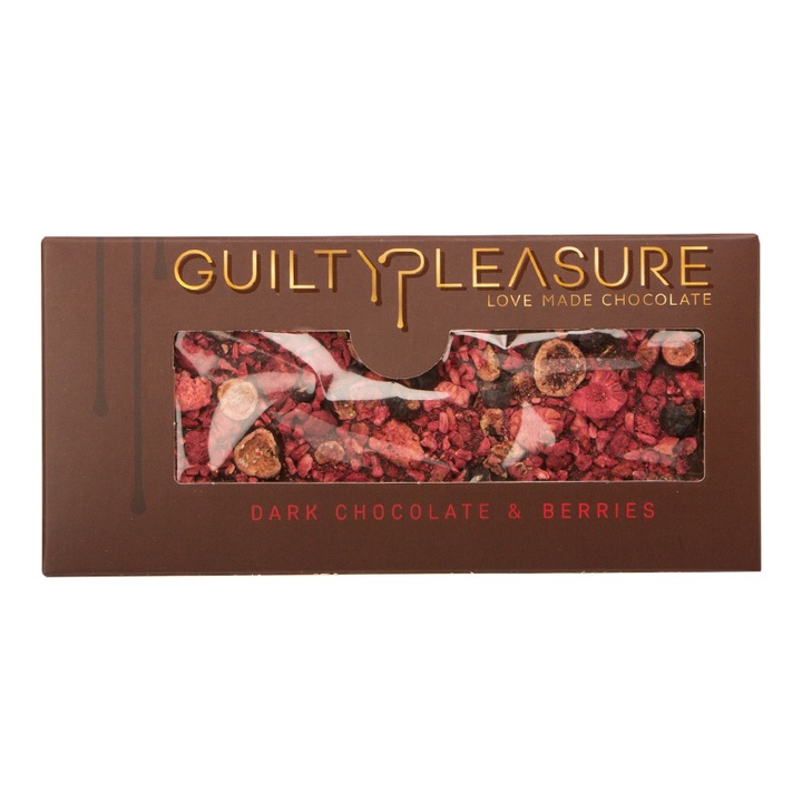 Tableta Ciocolata neagra & fructe de padure, Guilty Pleasure, contine ciocolata neagra (54,5% masa cacao) si fructe de padure liofilizate, 100 gr, 1 buc