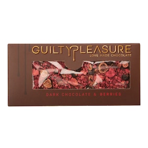 Ciocolata neagra & fructe de padure, Guilty Pleasure, contine ciocolata neagra (54,5% masa cacao) si fructe de padure liofilizate, 100 gr, 1 buc