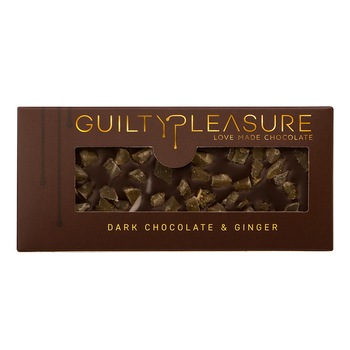 Tableta Ciocolata neagra & ghimbir, Guilty Pleasure, contine ciocolata neagra (54,5% masa cacao) si bucati de ghimbir confiat, 100 gr., 1 buc Tableta Ciocolata neagra & ghimbir, Guilty Pleasure, contine ciocolata neagra (54,5% masa cacao) si bucati de ghimbir confiat, 100 gr., 1 buc