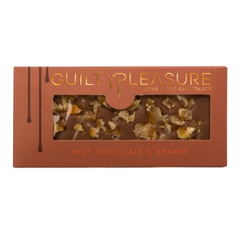 Tableta Ciocolata cu lapte & portocale, Guilty Pleasure, contine ciocolata cu lapte (53,6% masa cacao) si bucati de portocale confiate, 100 gr, 1 buc Tableta Ciocolata cu lapte & portocale, Guilty Pleasure, contine ciocolata cu lapte (53,6% masa cacao) si bucati de portocale confiate, 100 gr, 1 buc