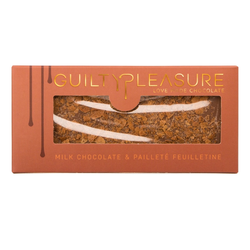 Tableta Ciocolata cu lapte & Paillete Feuilletine, Guilty Pleasure, contine ciocolata cu lapte (33.6% masa cacao) si Paillete Feuilletine, 100 gr, 1 buc