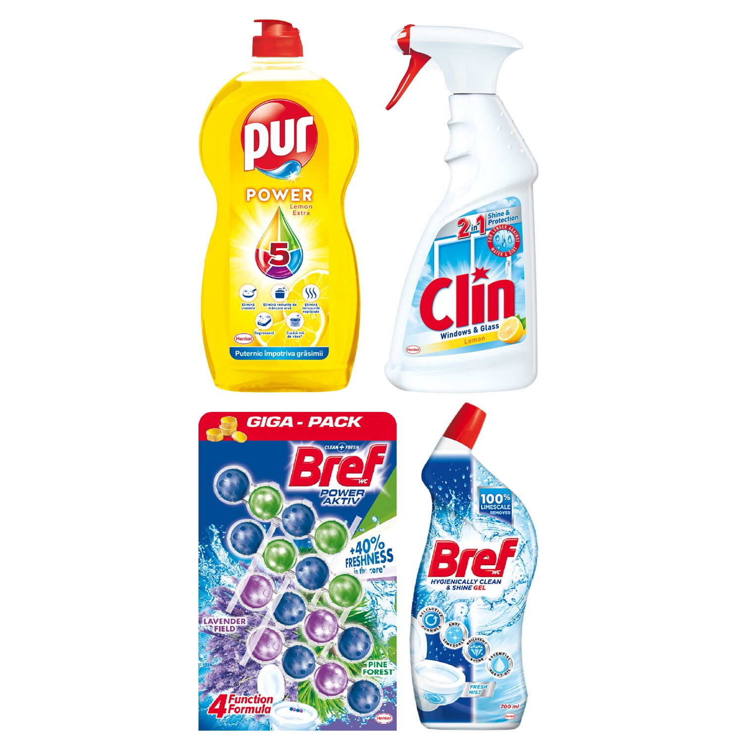Pachet promo Detergent vase Pur 1.35l + Clin 500ml + Bref 4 x 50 g + Bref WC Cleaner 700ml