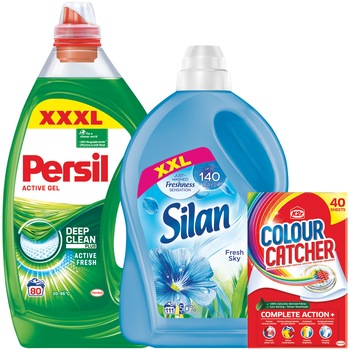 Pachet promo detergent lichid Persil Power Gel 80 spalari, 4L + Silan 2.77L + K2r 40 buc Pachet promo detergent lichid Persil Power Gel 80 spalari, 4L + Silan 2.77L + K2r 40 buc