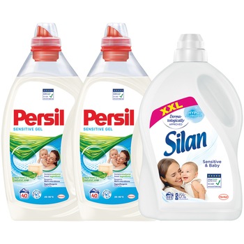 Pachet promo Detergent lichid Persil Sensitive Gel 2 x 40 spalari, 2 x 2L + Silan Sensitive 2.77L Pachet promo Detergent lichid Persil Sensitive Gel 2 x 40 spalari, 2 x 2L + Silan Sensitive 2.77L