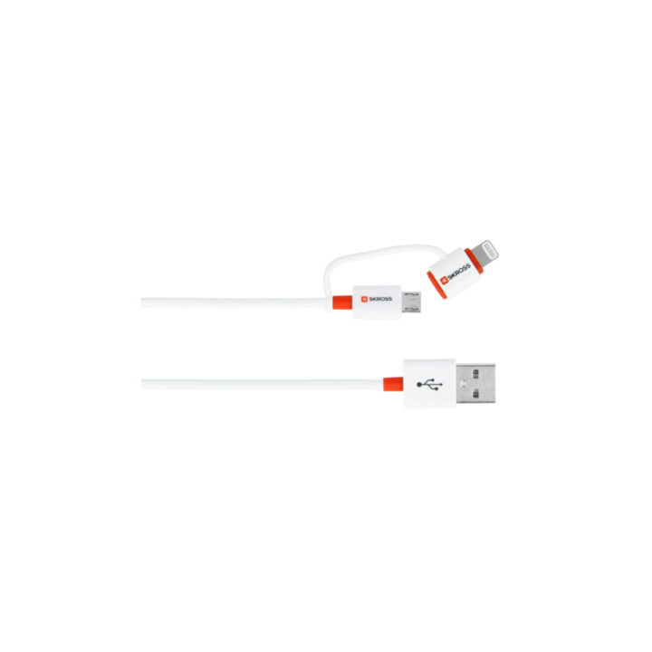 Cablu Skross, USB 2 in 1 cu conector micro USB - lightning, Essentials Line, 1 m, alb