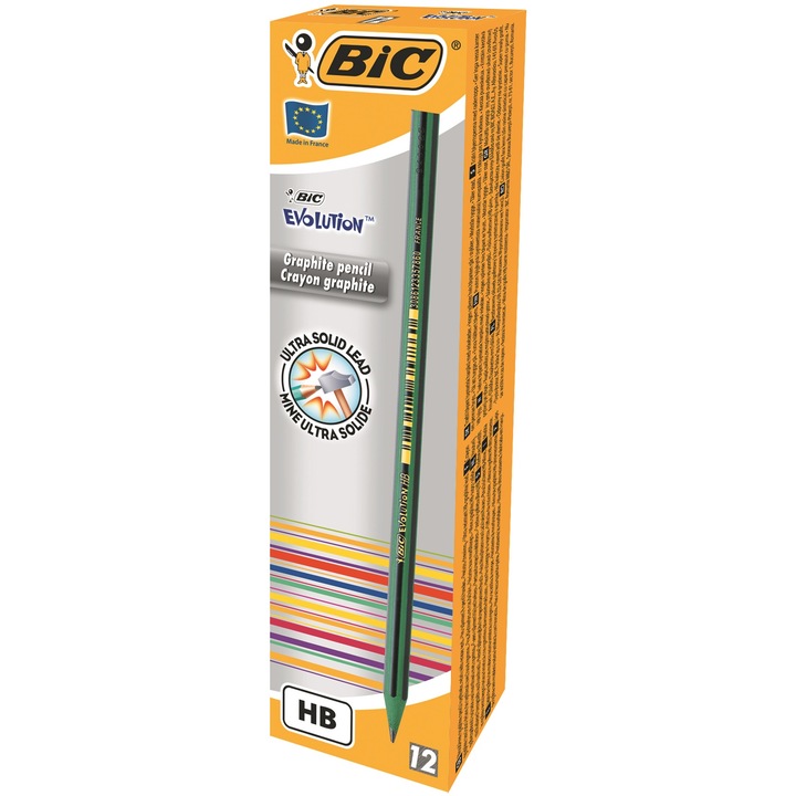 Creion grafit Bic Evolution STRIPES 646 fara radiera, 12 buc/cutie