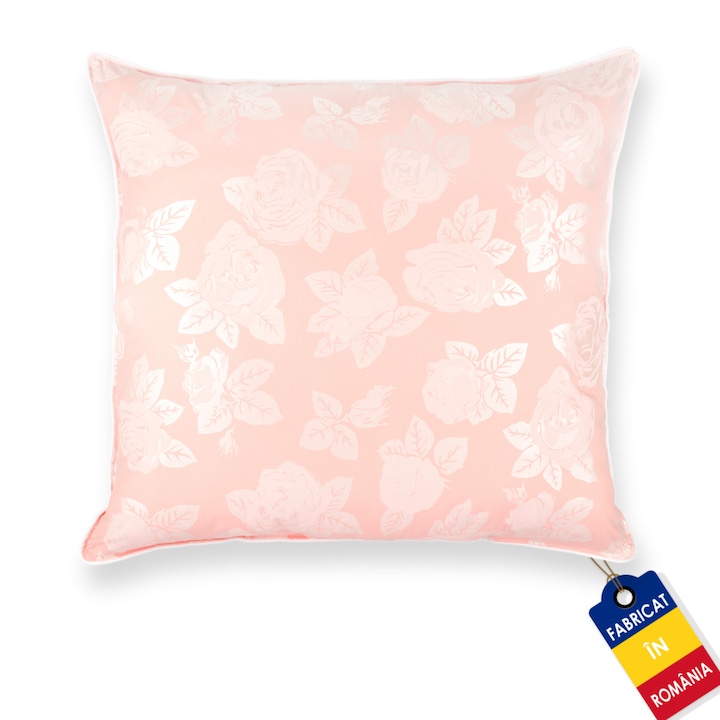 Perna Pernador cu puf si pana de gasca, 70cm x 70cm, roz cu trandafiri