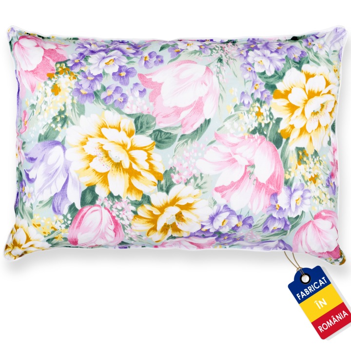 Perna Pernador cu puf si pana de gasca, 60cm x 40cm, flori mov