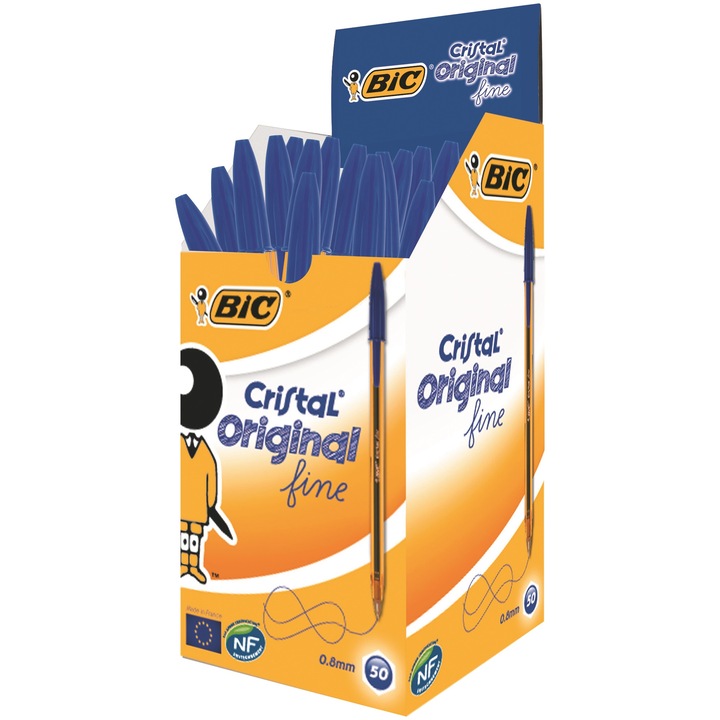 Химикалка BIC Cristal Original Fine, 0.8 мм, Синя, 50 броя/кутия
