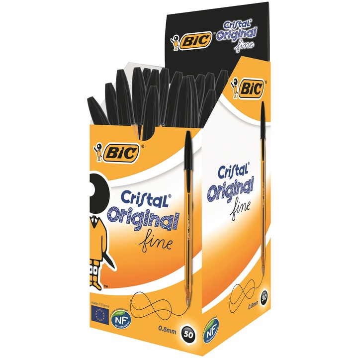 Химикал BIC Cristal Original Fine, 0.8 мм, Черен, 50 броя/кутия
