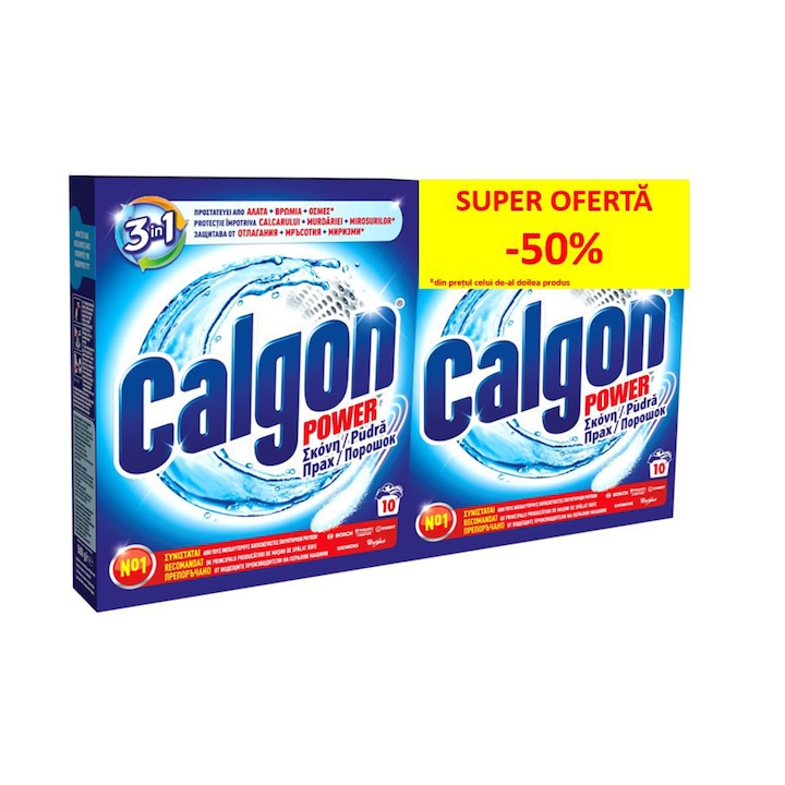 Pudra anticalcar Calgon 3 in 1 Protect & Clean, 2x500 g - 50% din al doilea