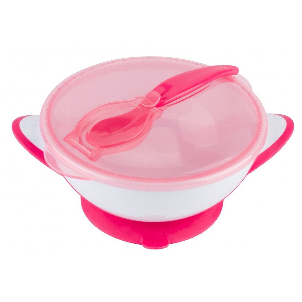 Set castronas cu ventuza si lingurita, roz cu alb