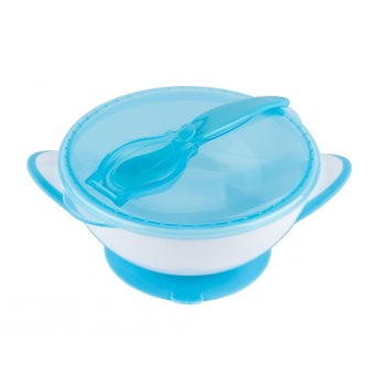 Set castronas cu ventuza si lingurita, albastru cu alb Set castronas cu ventuza si lingurita, albastru cu alb