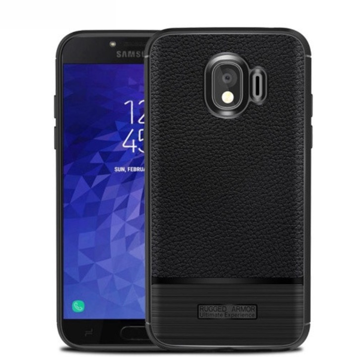 Hátlapvédő telefontok gumi / szilikon (közepesen ütésálló, bőrhatás, szálcsiszolt) Fekete [Samsung Galaxy J4 (2018) J400F]