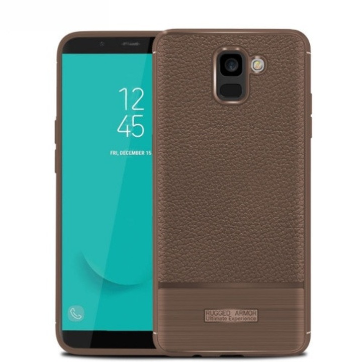 Hátlapvédő telefontok gumi / szilikon (közepesen ütésálló, bőrhatás, szálcsiszolt) Barna [Samsung Galaxy J6 (2018) J600F]