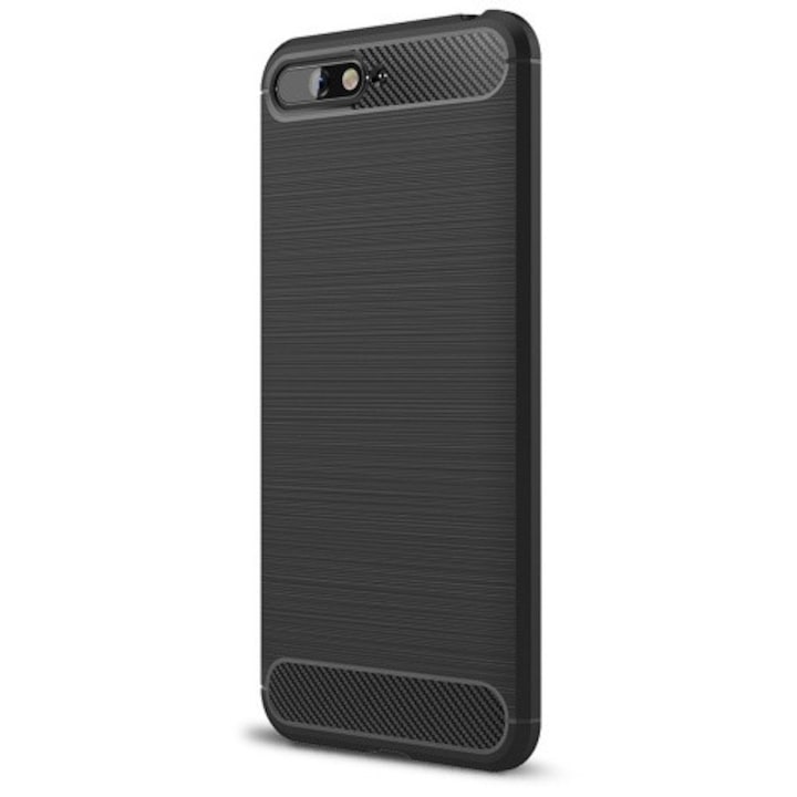 Hátlapvédő telefontok gumi / szilikon (közepesen ütésálló, légpárnás sarok, szálcsiszolt, karbonminta) Fekete [Huawei Y6 (2018)]