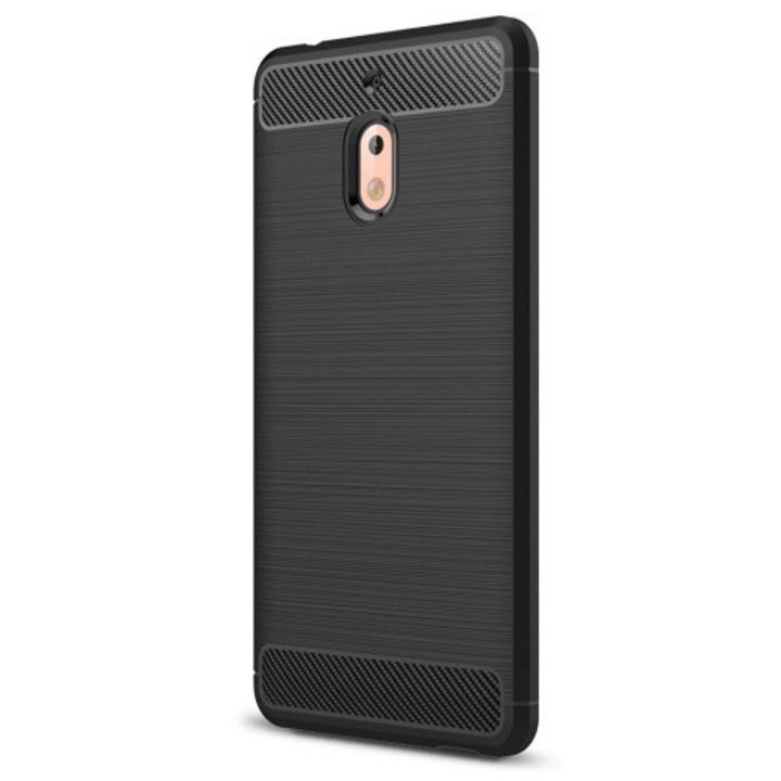 Hátlapvédő telefontok gumi / szilikon (közepesen ütésálló, légpárnás sarok, szálcsiszolt, karbonminta) Fekete [Nokia 2.1]