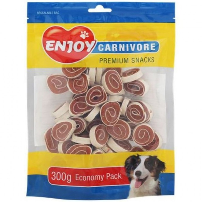 Recompense pentru caini Enjoy Carnivore, Pui si cod sushi, 300g