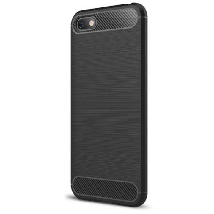 Hátlapvédő telefontok gumi / szilikon (közepesen ütésálló, légpárnás sarok, szálcsiszolt, karbonminta) Fekete [Huawei Y5 2018 (Y5 Prime 2018)]