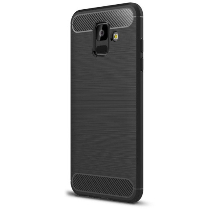 Hátlapvédő telefontok gumi / szilikon (közepesen ütésálló, légpárnás sarok, szálcsiszolt, karbonminta) Fekete [Samsung Galaxy A6 (2018) SM-A600F]
