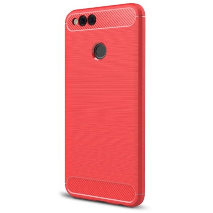 Hátlapvédő telefontok gumi / szilikon (közepesen ütésálló, légpárnás sarok, szálcsiszolt, karbonminta) Piros [Huawei Honor 7x]