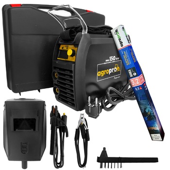 Aparat de sudura, profesional AgroPro MMA 150 Edge, tip inverter, 155A, Black Edition, Tehnologie IGBT + 1x pachet electrozi AgroPro + Trusa transport + 3 ani Garantie Aparat de sudura, profesional AgroPro MMA 150 Edge, tip inverter, 155A, Black Edition, Tehnologie IGBT + 1x pachet electrozi AgroPro + Trusa transport + 3 ani Garantie
