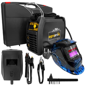 Pachet aparat de sudura, profesional AgroPro MMA 150 Edge, tip inverter, 155A, Black Edition, Tehnologie IGBT + Masca cu cristale lichide model Thunder + Trusa Transport + 3 ani garantie Pachet aparat de sudura, profesional AgroPro MMA 150 Edge, tip inverter, 155A, Black Edition, Tehnologie IGBT + Masca cu cristale lichide model Thunder + Trusa Transport + 3 ani garantie