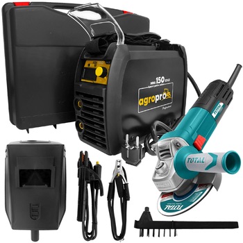 Pachet aparat de sudura, profesional AgroPro MMA 150 Edge, tip inverter, 155A, Black Edition, Tehnologie IGBT + Polizor unghiular Total + Trusa transport + 3 ani garantie Pachet aparat de sudura, profesional AgroPro MMA 150 Edge, tip inverter, 155A, Black Edition, Tehnologie IGBT + Polizor unghiular Total + Trusa transport + 3 ani garantie