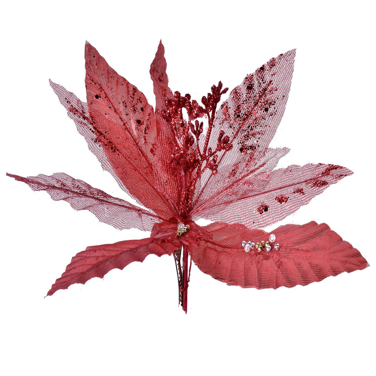 Decoratiune Brad Craciun, Floare Artificiala, Rosu Inchis