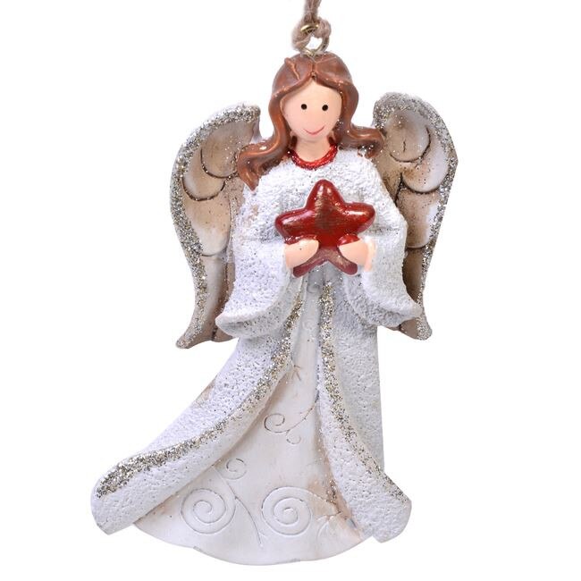 Decoratiune Ceramica, Inger Alb, Craciun, Stea Rosie