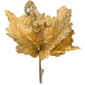 Decoratiune Brad, Floare Aurie cu Clips si Sclipici, Craciun Decoratiune Brad, Floare Aurie cu Clips si Sclipici, Craciun