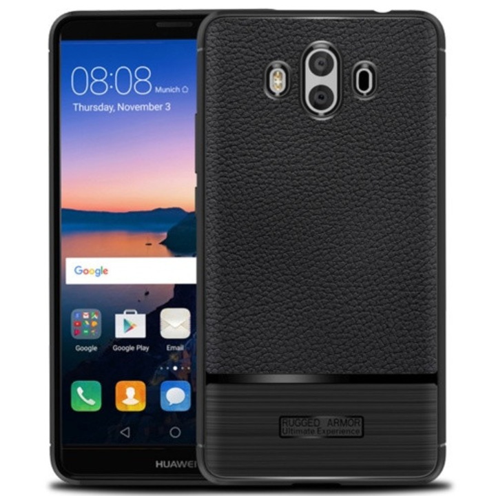 Hátlapvédő telefontok gumi / szilikon (bőrhatás, szálcsiszolt) Fekete [Huawei Mate 10]