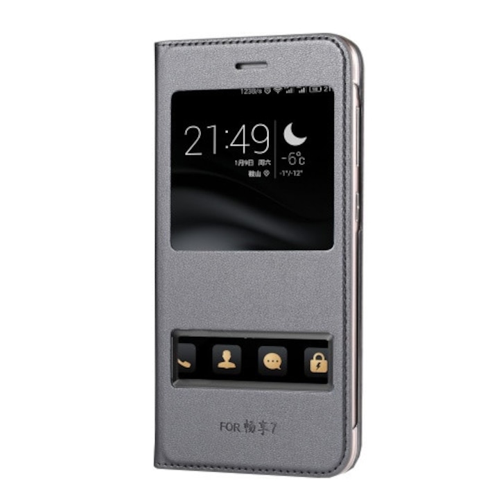 Telefontok álló, bőr hatású (flip, oldalra nyíló, Dual View Window) Ezüst [Huawei P9 lite mini]
