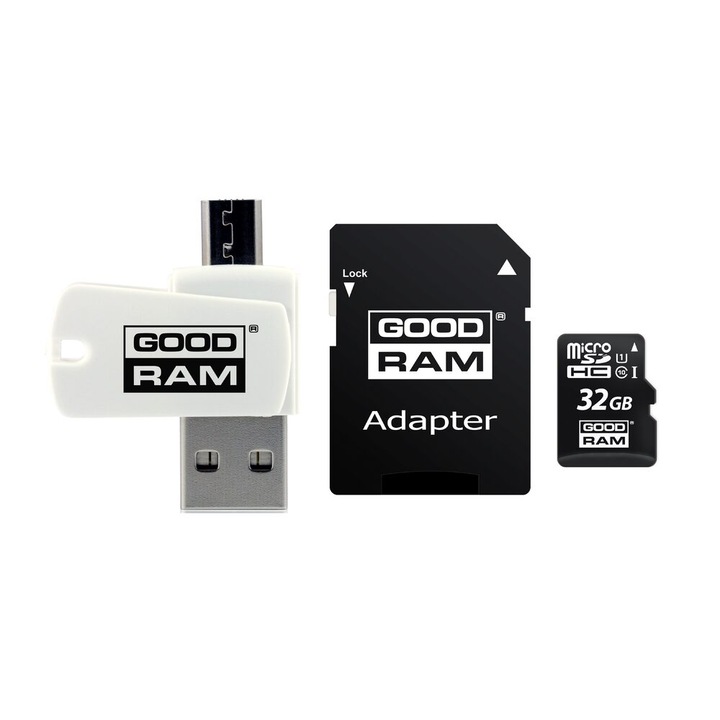 Карта памет GoodRam, 32GB, MicroSD, Class 10, Включва четец на карти (MicroUSB) и SD адаптер